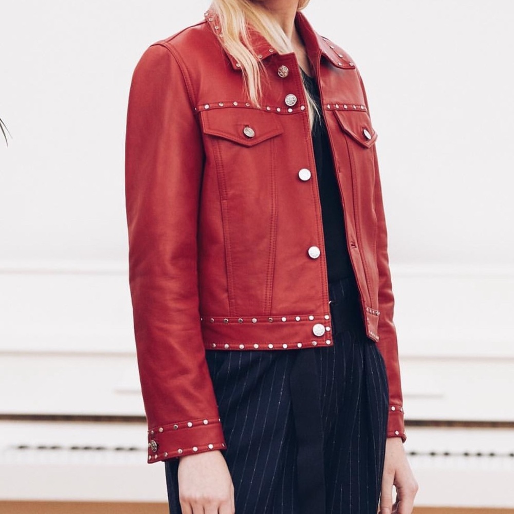 Claudie Pierlot Studded Red Genuine Leather Jacket